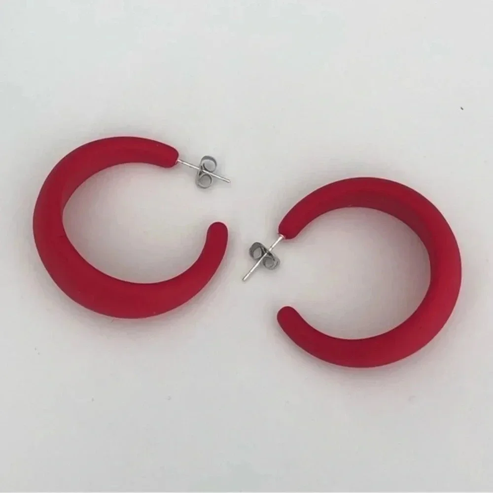True Red Large Silicone & Stainless Steel Retro Hoop Earrings NWT